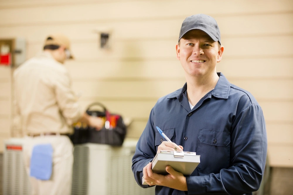 Smiling HVAC tech with clipboard